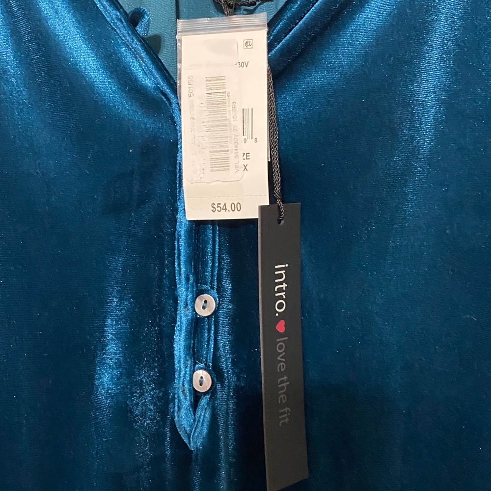 NWT INTRO STRETCH WO SIZE 2X   DEEP TEAL VELVET TOP FLOWY‎ BUTTON FRONT - Picture 4 of 11